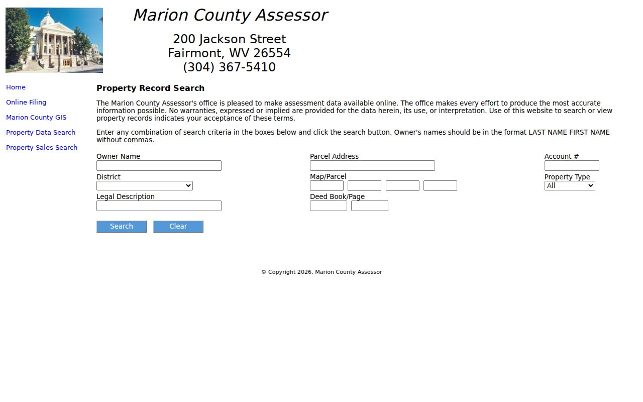 Fairmont residents directory Marion County Assessor search