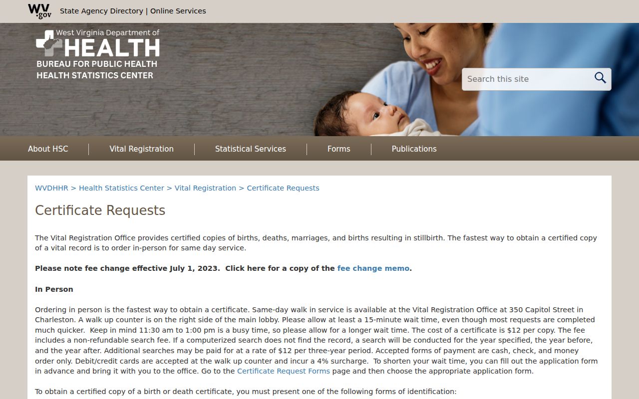 West Virginia Vital Registration certified copy request options
