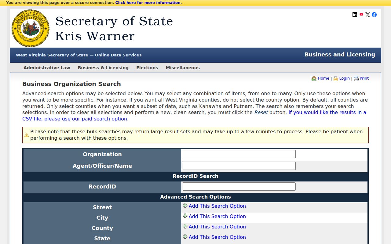 West Virginia business advanced search fields for a Fairmont resident lookup