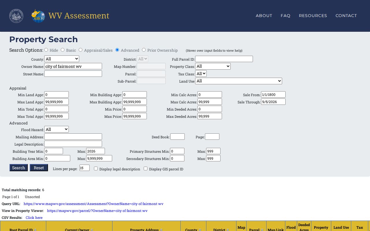 Fairmont residents directory state parcel assessment results