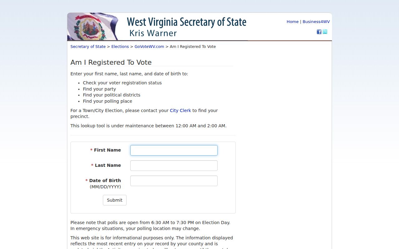 West Virginia voter registration lookup fields used for a known Fairmont voter