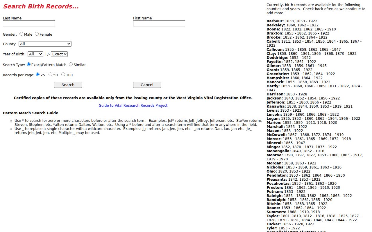 West Virginia Archives historical birth search controls for Marion County records